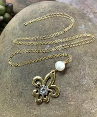 25 Auto Pearl Fleur de Lis Bullet Necklace, Gold Filled