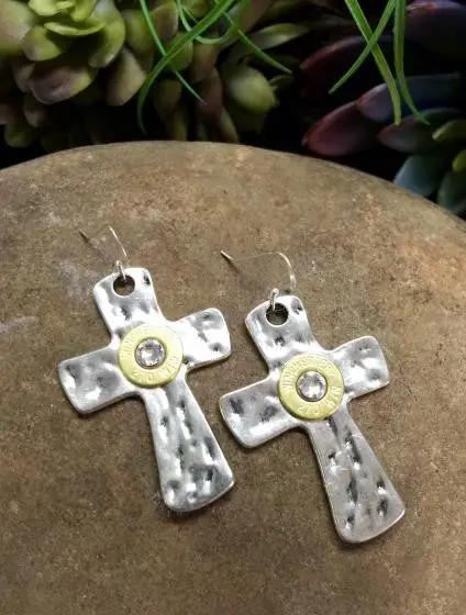 45 Auto Silver Hammered Cross Bullet Earrings