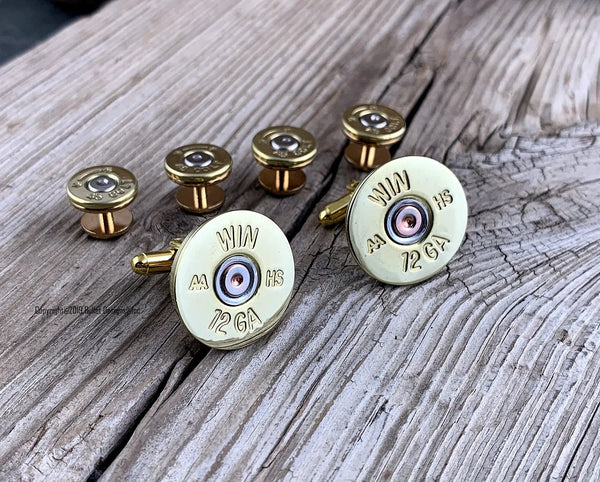 Bullet Tuxedo Studs and Shotgun Cufflinks set BRASS, 12 or 20 Gauge Shotgun Shell Cufflinks, Bullet Tuxedo Studs, Wedding, Groom, Groomsmen