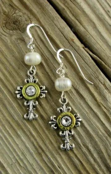 Elegant Cross Pearl Dangle Earrings, 25 Auto Brass