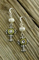 Elegant Cross Pearl Dangle Earrings, 25 Auto Brass