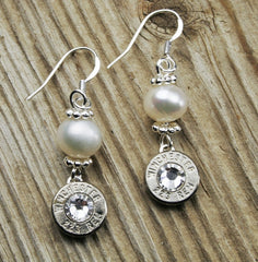 223 Nickel & Pearl Dangle Bullet Earrings, Sterling Earwires, AR-15